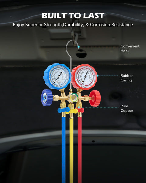 Three Way AC Diagnostic Manifold Gauge Set for Freon charging with 3ft hoses, rubber casing, copper fittings, hanging on a hook.