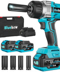 Half Inch Cordless Impact Wrench With 900 Ft Lbs Torque, 1200 Nm Brushless Motor, 2300 RPM, LED Light, Two 4Ah Batteries, Four Sockets, Variable Speed Power Tool For Car Lug Nut Removal And Tire Jobs in blue with case and sockets