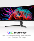 49 Inch OLED Ultrawide Curved Monitor With 5120x1440 Resolution And 144Hz Refresh, slim design, vibrant display on stand