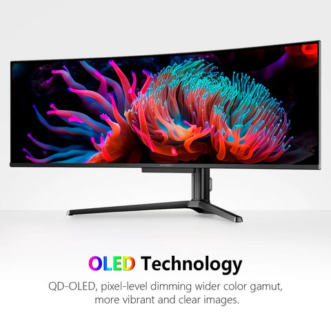 49 Inch OLED Ultrawide Curved Monitor With 5120x1440 Resolution And 144Hz Refresh, slim design, vibrant display on stand