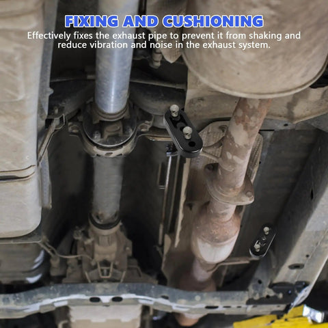 Car underside showing Rugged Pro Grade Exhaust Hanger Set For Cars Four Pack 0.47 Inch Four Hole Adjustable Muffler Hanger in use