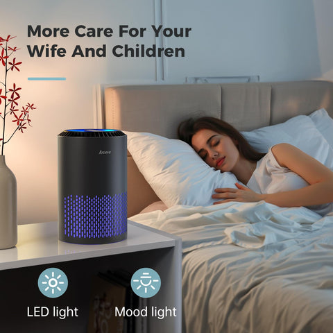 Air Purifier For Bedroom And Office With Sleep Mode And Speed Control, 360 Degree Filtration Cuts Smoke Pollen Dander Hair Odors, Quiet, Easy Setup, MK01 Black next to sleeping woman