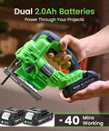 Straight Up Compact Cordless Jigsaw Kit With Dual 2.0Ah Batteries, showing jigsaw and batteries for woodworking projects.