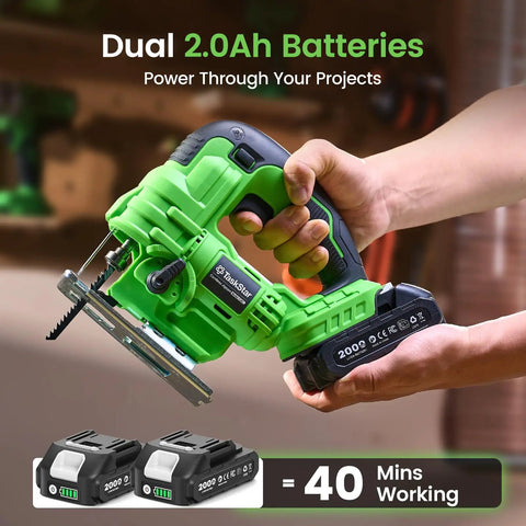 Straight Up Compact Cordless Jigsaw Kit With Dual 2.0Ah Batteries, showing jigsaw and batteries for woodworking projects.