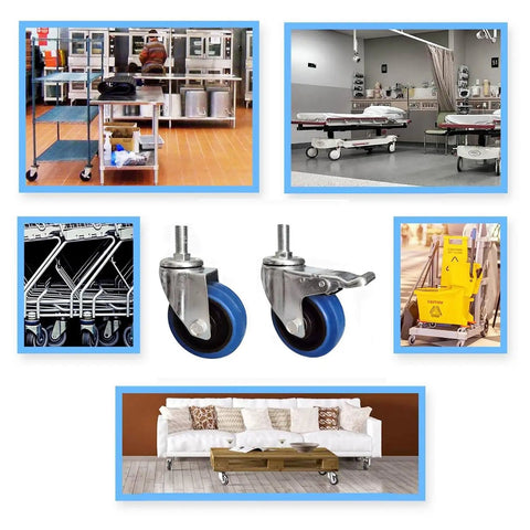 Heavy Duty Caster Wheels With Top Plate Swivel And Brakes, shown with furniture, hospital, carts, and cleaning equipment
