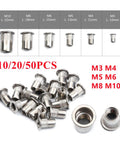 Forty Pack Flat Head Threaded Insert Nuts Made From Stainless Steel For Strong Holds On Metal Sheets Wood And Plastics With Knurled Body That Stops Spinning During Install For Super Durable Fixes, various sizes shown.