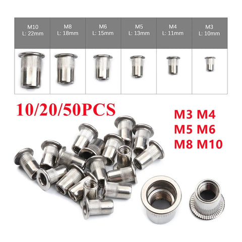 Forty Pack Flat Head Threaded Insert Nuts Made From Stainless Steel For Strong Holds On Metal Sheets Wood And Plastics With Knurled Body That Stops Spinning During Install For Super Durable Fixes, various sizes shown.
