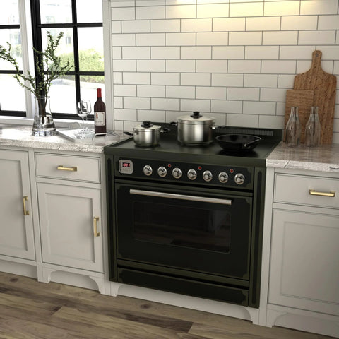 Kitchen with Brushed Gold Cabinet Handles 10 Pack 5 Inch Hole Center Pulls on white cabinets, featuring a modern stove and marble countertop.