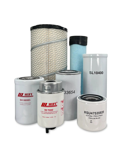 Maintenance Filter Kit For Case 580SN WT Backhoe Air Filters, Oil Filters, Spin On Fuel Filter, displayed with various filter models