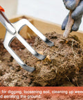 Beast Mode Heavy Duty Hand Cultivator with ergonomic handle and three claws loosening soil in a small garden bed