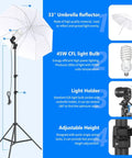 Pro Grade Photo Lighting Gear Kit with adjustable light stand, umbrella reflector, CFL bulb, and holder for studio shoots