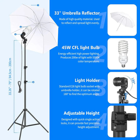 Pro Grade Photo Lighting Gear Kit with adjustable light stand, umbrella reflector, CFL bulb, and holder for studio shoots