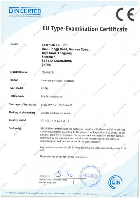 EU Type-Examination Certificate for Heavy Duty Laser Safety Glasses For 2940Nm Erbium Dental And Medical Use With Top Shelf Ce En207 Certification