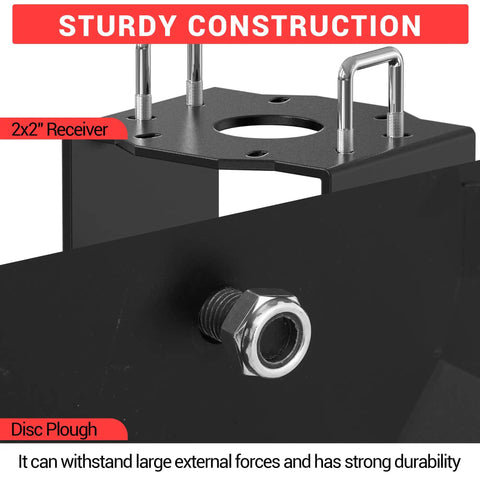Close-up of 32 Inch Heavy Duty Disc Plow Harrow With Universal 2 Inch Hitch for ATV UTV Tow Behind Adjustable Height Deep Tilling Tool.