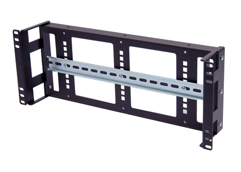 Front view of 4U Rackmount Low Profile DIN Rail Panel, 3.78 Inch Depth, Heavy Duty 14 Gauge Steel, fits standard 19 Inch 2 or 4 Post Racks