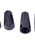 Row of black hi-temp screw on wire connectors for 22 to 14 AWG electrical wires from ten thousand bulk pack.