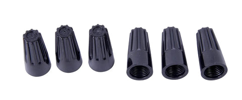 Row of black hi-temp screw on wire connectors for 22 to 14 AWG electrical wires from ten thousand bulk pack.