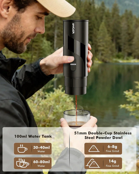 Person using All In One Portable Coffee Maker Set With Mini Electric Espresso Machine, Manual Grinder And Electric Milk Frother outdoors.