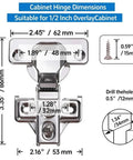 Diagram of 100 Pack Self Closing Concealed Cabinet Hinges For One Half Inch Overlay Face Frame Cabinets 105 Degree Stainless Steel Soft Close With Mounting Screws And Repair Plate, showing dimensions and drill measurements.