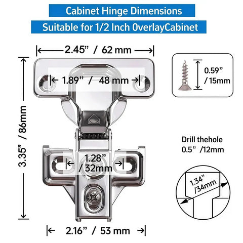 Diagram of 100 Pack Self Closing Concealed Cabinet Hinges For One Half Inch Overlay Face Frame Cabinets 105 Degree Stainless Steel Soft Close With Mounting Screws And Repair Plate, showing dimensions and drill measurements.