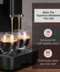 Sweet Home Coffee Setup Featuring A Fully Automatic Espresso Machine pouring espresso into double glass cups with 19 bar pressure.