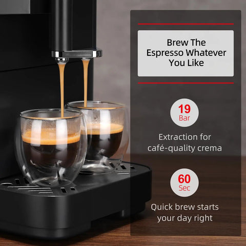 Sweet Home Coffee Setup Featuring A Fully Automatic Espresso Machine pouring espresso into double glass cups with 19 bar pressure.