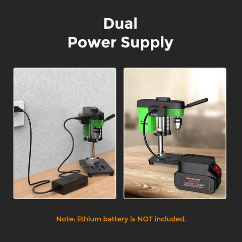 Steady As Can Be Benchtop Mini Drill Press With Quick Grip Vise showing dual power supply options on a workbench.