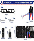 Solar Crimping Tool Kit 16 Piece Set For Panel Installations, tools and connectors in case, dimensions shown.