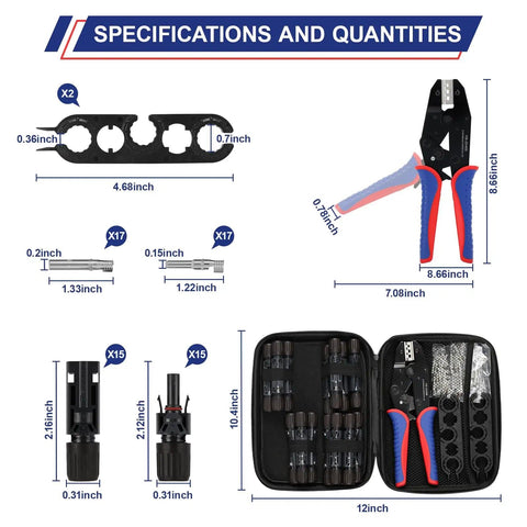 Solar Crimping Tool Kit 16 Piece Set For Panel Installations, tools and connectors in case, dimensions shown.