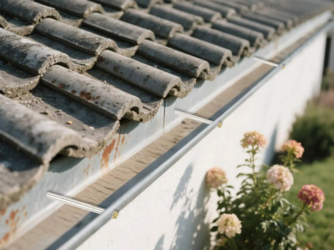 12 Pack 7 Inch Gutter Screws With Stainless Steel Sleeves For 5 Inch Roof Gutter Repair, installed on a rooftop gutter.