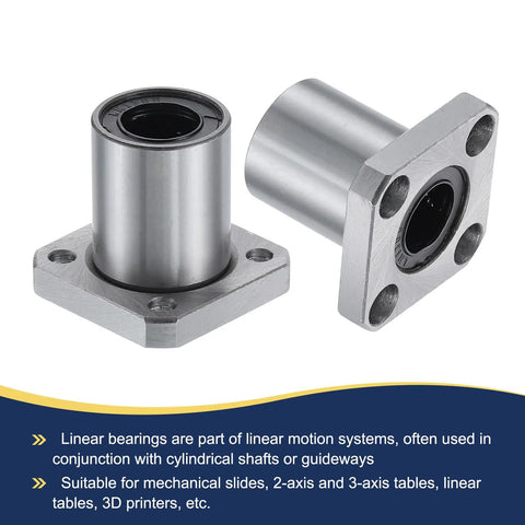 Pair of LMK13-UU Linear Ball Bearings with 13mm bore, 23mm OD, 32mm length, round flange, nickel plated with screws for CNC and 3D printers.