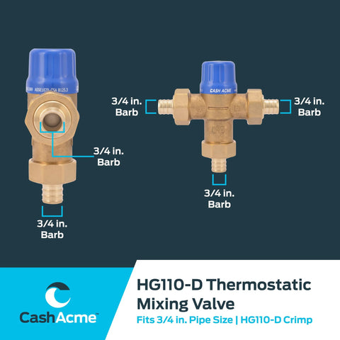 CashAcme HG110-D thermostatic mixing valve with 3/4 in barb fittings and brass body, blue knob, front and side views.