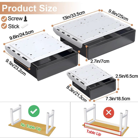 Premium Under Desk Drawer Storage Set With Three Attachable Slide Out Trays For Office And Home size chart showing dimensions and fitting options.