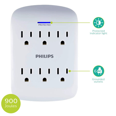 White Six-Outlet Surge Protector Wall Tap, 900 Joules, with protection LED, 3-Prong, space saving, ETL Listed