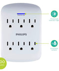 Six Outlet Surge Protector Wall Tap Kit, 900 Joules, 3 Prong Grounded Outlets, Space Saving Go To Low Profile, Protected LED Indicator, White