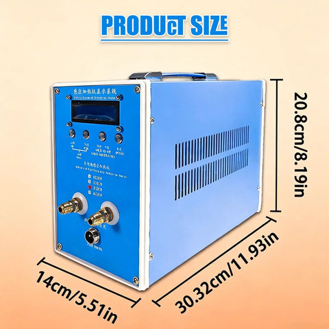 High Frequency Induction Heater 6000W Flameless Metal Melting Furnace front view with controls and size measurements in blue.