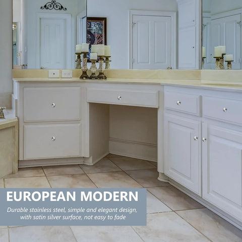 Round Ringed Cabinet Pulls 1.2 Inch Diameter Silver Finish 30 Pieces with Screws on white cabinetry in cozy bathroom setting.