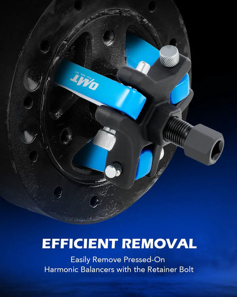 Close-up of Harmonic Balancer Puller Kit With Adjustable 3 Jaw Puller Set in blue for Chevy GM Ford Chrysler Cadillac removal
