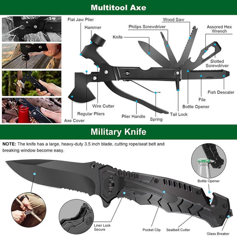 Ultimate Emergency Survival Kit And First Aid Kit With 142 Pieces Gear And Supplies, MOLLE Pouch, multitool axe and knife details