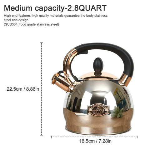 Stainless Steel Whistling Tea Kettle With Encapsulated Bottom For Even Heat Distribution 2.8 Quart Quick Boil, Rust Resistant