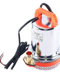 Top Shelf 12 Volt Dc Solar Water Pump Built Like A Tank For Farm And Ranch Jobs Featuring 26 Feet Of Lift Power Plus 100 Liters Per Minute Flow Through 1 Inch Outlet Stainless Steel Submersible Design Zero Hassle Operation In Vibrant Orange Finish with steel housing and orange handle.