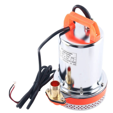 Top Shelf 12 Volt Dc Solar Water Pump Built Like A Tank For Farm And Ranch Jobs Featuring 26 Feet Of Lift Power Plus 100 Liters Per Minute Flow Through 1 Inch Outlet Stainless Steel Submersible Design Zero Hassle Operation In Vibrant Orange Finish with steel housing and orange handle.