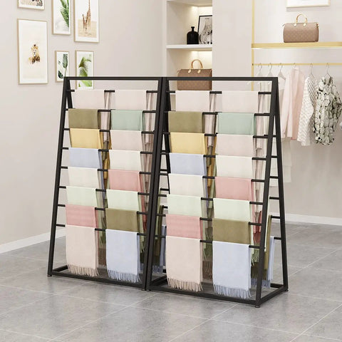 Rock Solid Double Sided Scarf Rack 8 Tier Pants And Belt Organizer Floor Stand showcasing colorful scarves in a stylish retail setup.