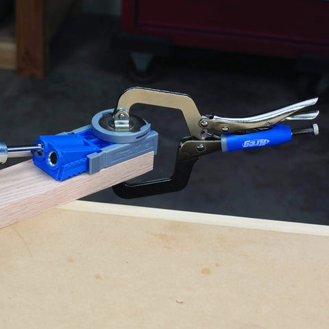 Micro Face Clamp 2 Inch Pocket Hole Clamp securing wood with pocket hole jig system, showing ergonomic grip and adjustable pressure.