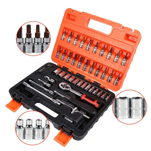 Heavy Duty 46 Piece Metric Socket Set With Heat Treated Steel And One Quarter Inch Drive In A Rugged Carry Case No Bull Garage Tool Kit Essentials, open with tools visible.