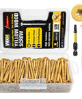 Pro Grade Size 10 X 2-1/2 Inch Yellow Star Drive Wood Screws, 120 Pack Self Tapping Deck Screws With Free 50mm T25 Bit, No Pre Drill Needed, Quick Penetration For Lumber, Heavy Duty Woodworking Kit in a plastic container with visible screws and bit.