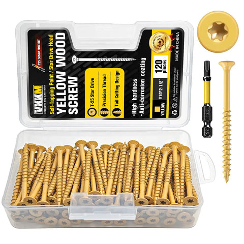 Pro Grade Size 10 X 2-1/2 Inch Yellow Star Drive Wood Screws, 120 Pack Self Tapping Deck Screws With Free 50mm T25 Bit, No Pre Drill Needed, Quick Penetration For Lumber, Heavy Duty Woodworking Kit in a plastic container with visible screws and bit.