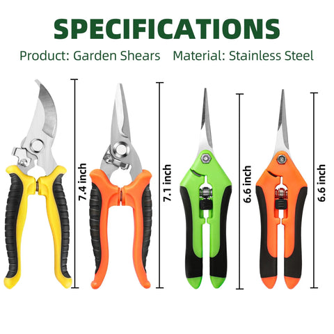 Four Pack Garden Pruning Shears Set With Stainless Steel Blades in yellow, orange, and green, shown with specifications.