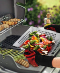 3 Pack Heavy Duty Stainless Steel Grill Baskets For Outdoor Grillin with veggies on grill, showing large basket in use