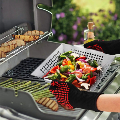 3 Pack Heavy Duty Stainless Steel Grill Baskets For Outdoor Grillin with veggies on grill, showing large basket in use